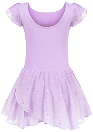 trudge Kinder Ballettkleidung Ballettkleid Mädchen Kurzarm Baumwolle Balletttrikot Ballettanzug Tanzkleid Tanzbody mit Rock Tütü, Lila , 140