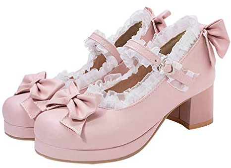 Vintage Women Chunky Heel Pumps with Bowknot and Lace Platform High Heeled Shoes Jane Lolita Shoes 1 Pair Pink