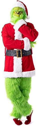 ZLYJ Flovey Grinch Cosplay Costume Vert Masque Santa Hat Chaussette Ensemble Complet Tenues De Noël Prop Red,XL