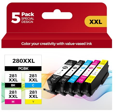 PGI-280XXL/CLI-281XXL Compatible Ink Cartridge Replacement for Canon Ink 280 and 281 Cartridge High Yield Use to PIXMA TR7520 TR8520 TR8500 TR8600 TR8620 TS6120 TS6220 TS9120 (5 Value Pack)