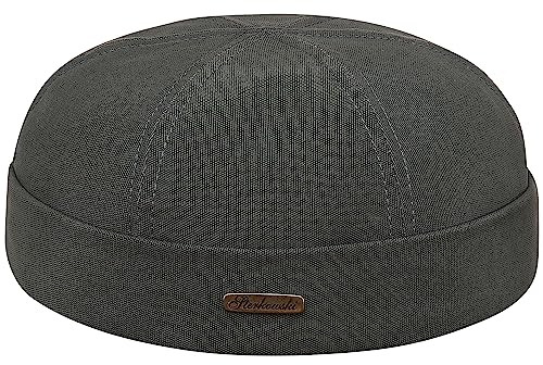 Sterkowski Modell Docker | 100% Baumwolle Dockermütze für Herren und Damen | Sommer Herbst Frühling Fischer Ohne Schirm Biker Cap Damen Fisherman Beanie Hafenarbeiter Kurz Kappe Grau 59