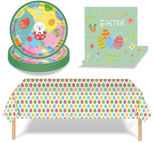 Easter Party Tableware Set,37Pcs Easter Themed Party Paper Plates Napkins Tablecloth Easter Party Supplies,Colourful Easter Egg and Rabbit Table Decorations Easter Party Pack Bundle Dinner Dessert