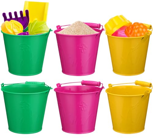 ibasenice Fishing Bucket Toy for Kids 6pcs Beach Toys Set Iron Play Sand Bucket Smooth Wooden Handle for Toddler Boys Girls Random Color