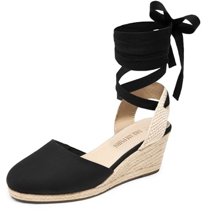 DREAM PAIRS Womens Espadrilles Dressy Platform Sandals Slip on Elastic Ankle Strap Wedges Sandals,Size 5,Black-Canvas,SDPW2405W