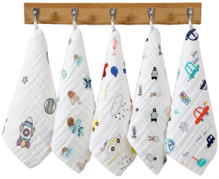 CHUANGOU Muselinas Bebe Algodon, 5 Piezas Toallas Bebe Gasas para Bebes, Toalla Facial Infantil Pañuelo Bebe Paños Toalla de Baño de Baño de Muselina（Azul）