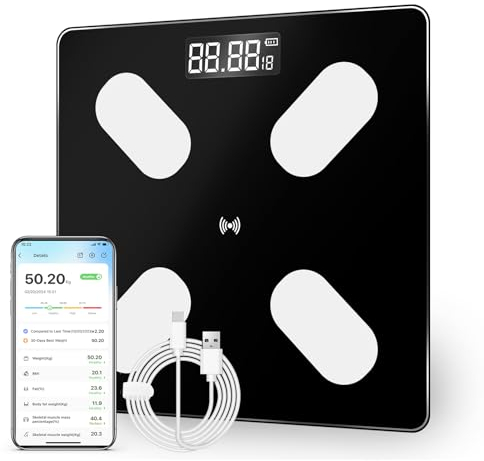 vicihoho Körperfettwaage Bluetooth Personenwaage mit App LCD-Smart Digitale Waage für Körperfett BMI Gewicht Muskelmasse Wasser Protein, Körperfettwaage für Android und iOS, 26 x 26 mm, 180 kg/400 lb