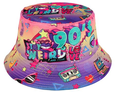 MILAKOO 90er Jahre Eimer Hut für Männer Frauen lustig Retro Party Hut Vintage Print Fischer Hut Unisex Reversible Portable Hut für Disco Hip hop Outdoor
