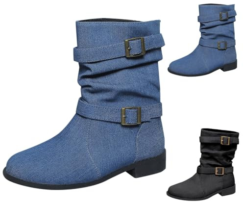 Botas vaqueras de mezclilla para mujer, botas con hebilla, botas occidentales, elegantes, botas de invierno, elegantes y gruesas, tacón de bloque redondo, botines para mujer, azul, 44