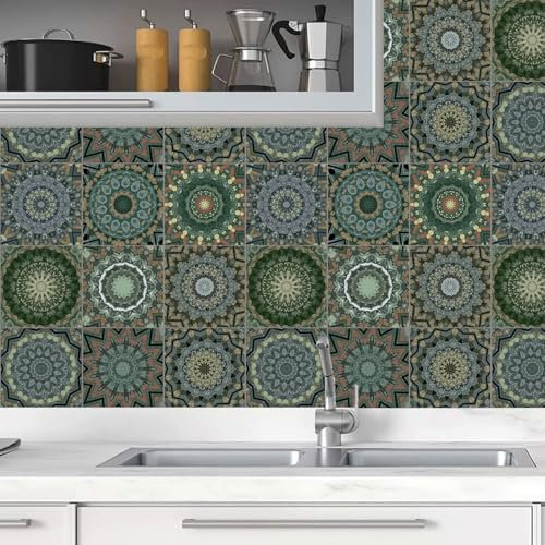 KAIRNE 18pcs Moroccan Tile Decals for Kitchen Decor,Green Tile Decal,15x15cm Stick on Kitchen Sticker,Mosaic Stair Sticker Waterproof,Peel and Stick Backsplash Moroccan Decoration Bathroom Living Room