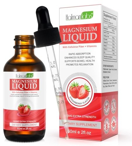 Magnesium Glycinate Liquid Drops-1000mg Magnesium Liquid Supplement with Cellulose Fiber, Bromelain, Vitamin B6, C, D, Zinc, Magnesium Liquid Drops, Strawberry Flavor