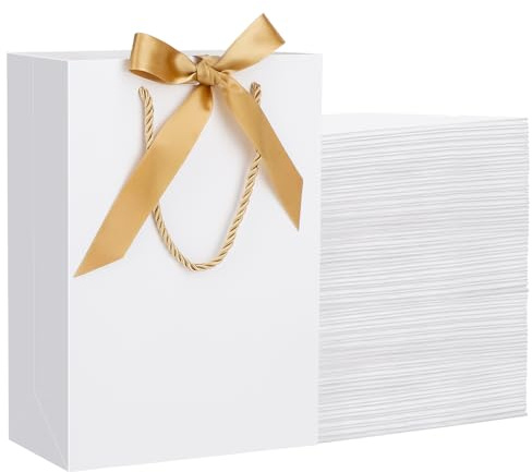 EUSOAR Buste Carta con Manico Bianco - 50 pezzi 20x10x28cm M Sacchetto Regalo con Nastro - 230GSM Buste Regalo Medio per Vacanze - Sacchetti di Party Carta Festa Bomboniere