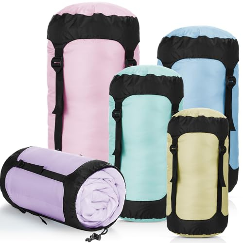 Gulfmew 5 Piezas 5L/10L/15L/20L/35L Saco de Dormir de Compresión para Acampar Bolsa de Compresión Resistente al Agua Bolsa de Compresión Peso Ligero para Equipo de Senderismo(Colores macarrones)
