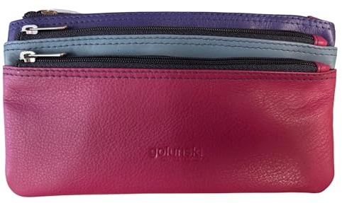Golunski Genuine Nappa Leather 3-Zip Coin Purse for Women, Pink Multi | Compact, Multiple Compartments