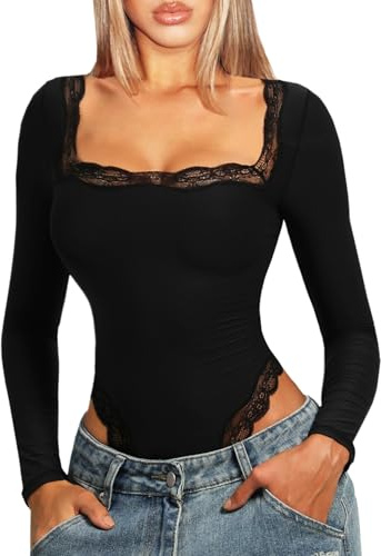 Navneet Body de manga larga para mujer, elegante, cuello cuadrado, encaje, sexy, para fiesta de otoño