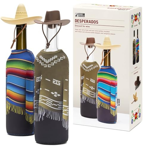 Monkey Business Gift Box for Wine Lovers | 2 Silicone Bottle Stoppers + 2 Neoprene Bottle Ponchos | Insulated 750 ml Wine Sleeves & Stoppers with Wild-West Vibe
