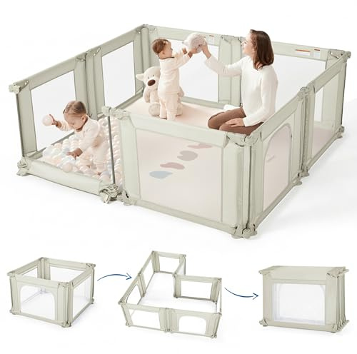 Sweeby Modular Baby Playpen, Customizable & Foldable Playpen for Babies and Toddlers with Easy Access Gate, Portable Indoor & Outdoor Play Yard, Adjustable Shape Kids Activity Center (71x59, Beige)