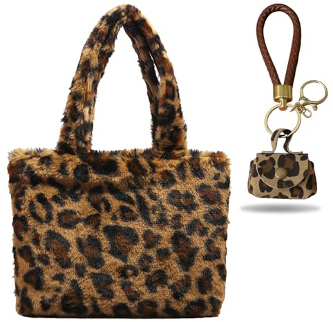 KASESSS Leopardenmuster Flauschig Tote Bag Damen mit Mini-Leoparden-SchlüSselanhäNger, Trendy Handtasche Shopper mit ReißVerschluss, Tasche Damen füR Schule Arbeit Reisen Einkaufen