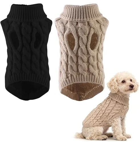 CATMEYE 2 Pack Dog Jumpers Knitted Turtleneck, Warm Winter Striped Sweaters for Small Dogs & Cats, Soft Acrylic Puppy Vest Dog Clothes (Beige+Black)