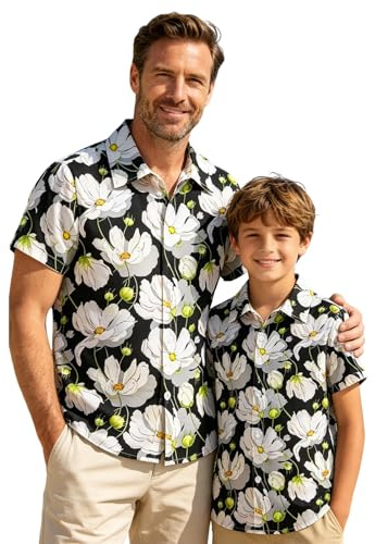 Fenralomi Camisas Hawaianas a Juego para Padre e Hijo, Camisas de Botones de Manga Corta con Estampado Floral, Conjunto Tropical para Vacaciones de Playa, Ropa de Verano Familiar