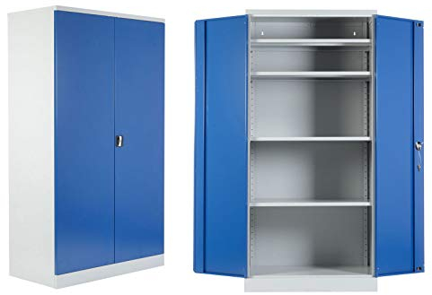 Schrank & Stuhl 2 Werkstattschränke XL Schwerlastschränke 195 x 92 x 50 cm (HxBxT) GRAU/BLAU - KOMPLETT MONTIERT