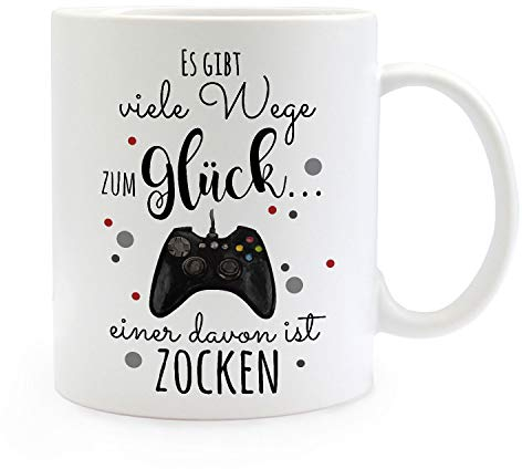 ilka parey wandtattoo-welt Tasse Becher Kaffeetasse Kaffeebecher mit Controller Controllpad & Spruch viele Wege zum Glück... einer davon ist zocken ts1035