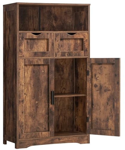 Iwell Storage Cabinet with 2 Drawers & Adjustable Shelves, Cupboard, Floor Cabinet for Living Room, Home Office, Rustic Brown