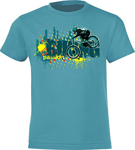 Barn cykel t-shirt: Biking Passion – present pojkar och flickor – cyklist i mountainbike MTB BMX Roller cykel utomhus downhill pojke barn – skola sport tröja lekplats födelsedag, Simbassäng, 110/116 cm