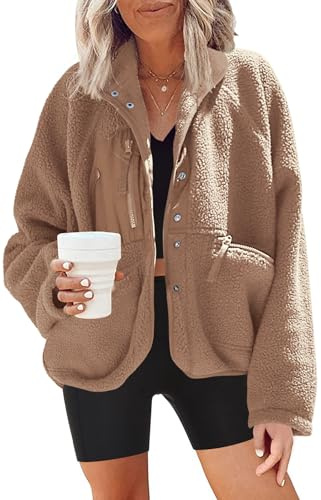 Nirovien Womens Fuzzy Fleece Jacket Button Down Sherpa Coats Casual Winter Warm Outwear with Pockets(Coffee Brown,M)