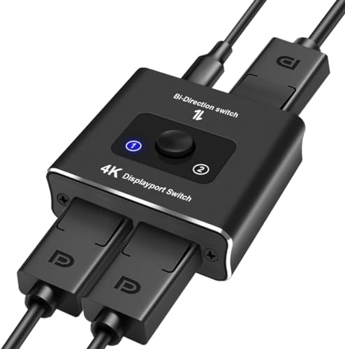 Ozvavzk DP-omkopplare 2-i-1-Out dubbelriktad displayport splitter 1 in 2-Out displayport omkopplare 4K@60Hz 2K/1080P@120Hz omvandlare stöder 3D för PC bärbar dator projektor bildskärm Xbox PS5/4/3