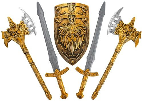 SENSORY4U Gladiator Warrior Knight Toy Weapon & Shield Set – 6-Piece Pretend Play Armor Kit with 2 Axes, 2 Swords & 2 Shields for Kids Costume & Roleplay
