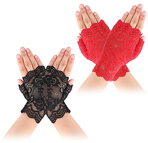 Yolev 2 Paar Damen Spitzenhandschuhe Schwarz Rot Fingerlose Handschuhe Kurz Geschnittene Fingerlose Gloves Damen Mädchen halloween Hochzeit Party Tea Party Zubehör