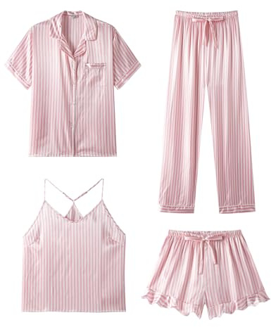 SAPJON Pyjama en Satin de Soie pour Femme 4 pièces à Volants col Encoche vêtements de Nuit boutonnés à Manches Courtes Ensemble de vêtements de détente, Rose à Rayures, L