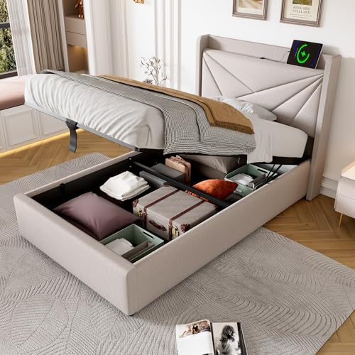 KUAKE Letto singolo imbottito con contenitore 90 x 200, contenitore del letto con funzione di ricarica USB tipo C, testiera, letti con contenitore, struttura del letto in materiale di lino, letto per