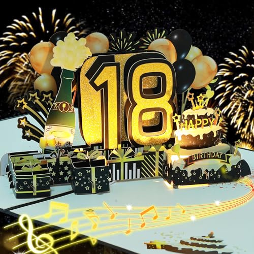 joyoldelf Tarjeta Felicitacion 18 CumpleañOs Pop Up - Con Luces y Música Tarjetas 3D, Regalos Feliz Cumpleaño Hombre NiñA, Incluye Sobre, Ideal Para Padre, Madre, Amigo, Novio, Novia
