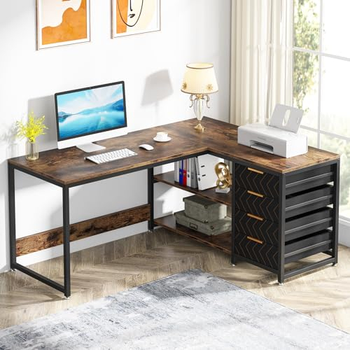 Tribesigns Schreibtisch mit 4 Schubladen, L-förmiger Computertisch mit 2 Ablagen, Reversible Eckschreibtisch für Büro,Arbeitszimmer, Wohnzimmer,150×110×75cm (braun)