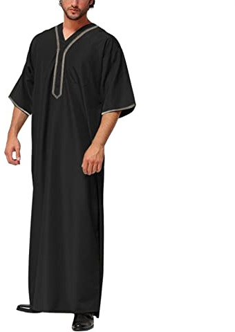 Kaftan Hombres Musulmanes Caftán Islámico Royalty Dubai Túnica O-Cuello de Manga Larga Túnicas Retro Abaya Suelto Islámico Ropa Maxivestido Ramadán Túnicas Taiji Ropa, Negro , XXXXXL