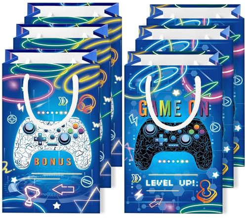 WERNNSAI Videospiel Partytüten -16 Stück Spiel Geschenktasche mit Griffen für Kindergeburtstag Gaming Geschenktüten Jungen Kinder Spiel Mottoparty Dekorationen Familien Spieleabend Zubehör Blau