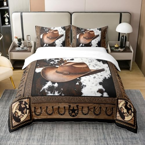 Western Cowboy 100% Natural Cotton Duvet Cover Queen Size Horseshoes Cowboy Hat Wooden Comforter Cover with 2 Pillowcases Cow Fur Cowhide Rustic Farmhouse Bedding Set 3 Pcs Bed Cover(No Filler)