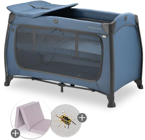 hauck Play n Relax Center Set de Cuna de Viaje Bebe con Colchon y Mosquitera | Dos Alturas para Recién Nacidos - Parque Infantil con Cambiador y Ruedas - Azul
