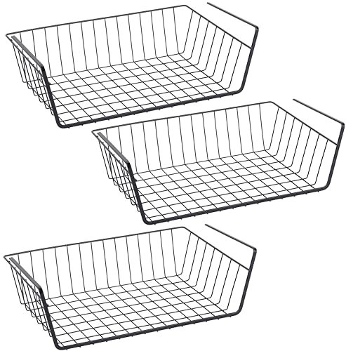 RICOO 3 x Einhängekorb Schrank KR001Bx3 Schrankkörbe Unterregal Hängekorb Regal Schrankkorb zum Einhängen Regaleinhängekorb Drahtkorb Gitterkorb Aufbewahrungskorb Metall Korb zum Aufhängen schwarz