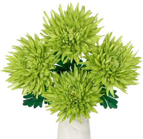 Oairse 6'' Large Artificial Chrysanthemum Flowers 4pcs Silk Flower with 65cm Long Stem Green Fake Flowers Faux Spider Mums Flower for Flora Arrangement Spring Decor Home Living Room Table Centrepiece