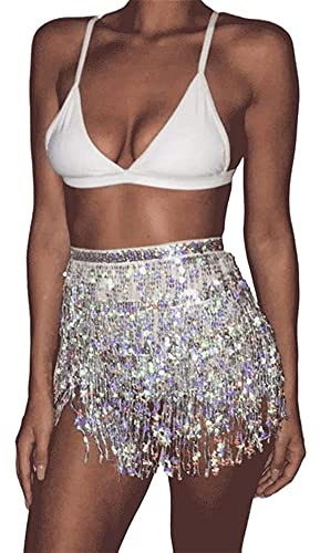 Fiacafyo Paljett höft halsduk wrap tofs kort kjol för kvinnor glittrande frans dans magkjol rave festival fest kostym, SILVER, one size