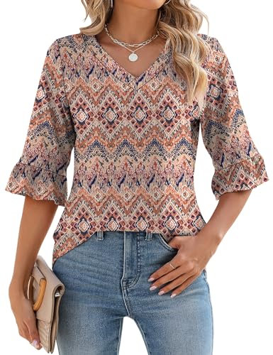 IECCP Bluse Damen 3/4 Ärmel V-Ausschnitt Tunika Sommer Tops Langerm Shirt Langshirt Elegant Lässig Oberteil 2025 Bluse Blumen Boho L