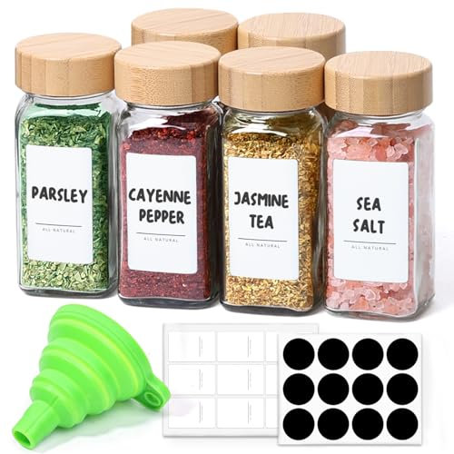ComSaf 6Pcs 120ml Glass Spice Jars with Bamboo Lids and Labels, Seasoning Jars Trial Set & Supplement Set, Empty Spice Containers and Square Spice Bottles for Kitchen and Seasoning