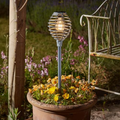 Festive Lights - 70cm Grey Rattan Outdoor Garden Torch Stake Light – Filament Style Warm White LED Bulb, Weather Resistant - Integrated Panel for Pathways, Patios, Decking, Driveways & Flower Beds