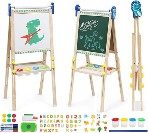 Kids Easel Wooden Easels with Paper Roll Foldable Double Sided Chalkboard Whiteboard Height Adjustable Wooden Art Easel with Folding Storage Tray Number Animal Accessories Painting Set for Boy Girl