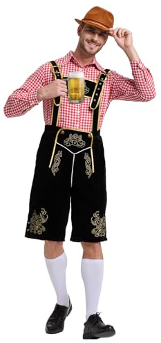 Beeoecm Travestimento Oktoberfest Uomo, Set di Costume Bavaresi Oktoberfest da Uomo con Bavaglino Rimovibile, Camicie a Quadri, Calze al Ginocchio e Cappelli Bavaresi in Feltro (Rosso, M)