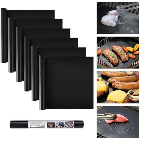 Extra Grande BBQ Grill Mat - de Gran Tamaño, Recortable, de Teflón, Antiadherente, Reutilizable, para Parrilla de Gas y Carbón - Accesorios Esenciales para Barbacoa (32x40cm_6 Piezas)