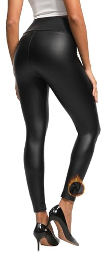Lishang Leggins Cuero Mujer Push Up Elasticos Pantalones Piel Sintética Cintura Alta Leggins Termicos Mujer Invierno para Movimiento Fitness Negro Brillante L