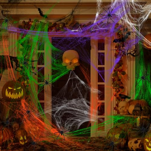SilverChry Telaraña Halloween, Decoracion Telarañas, 500 g con 50 Arañas Negras De Terror, 1500 m² para Decoración de Halloween y Jardín Al Aire (Color)